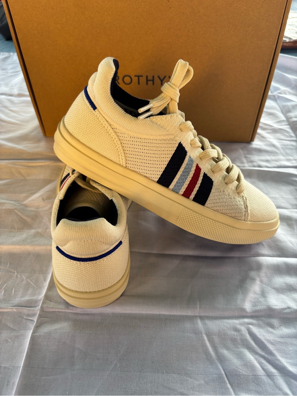 Rothy's Cream Knit Sneakers with Navy, Red & Light Blue Stripes